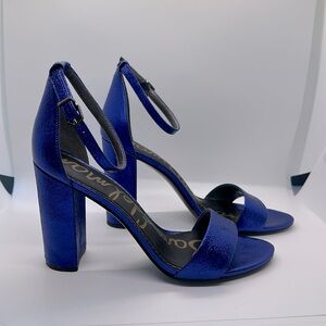 Sam Edelman Yaro Royal Blue Crinkle Leather Open Toe 3.5 Inch Block Heel. US 9.5